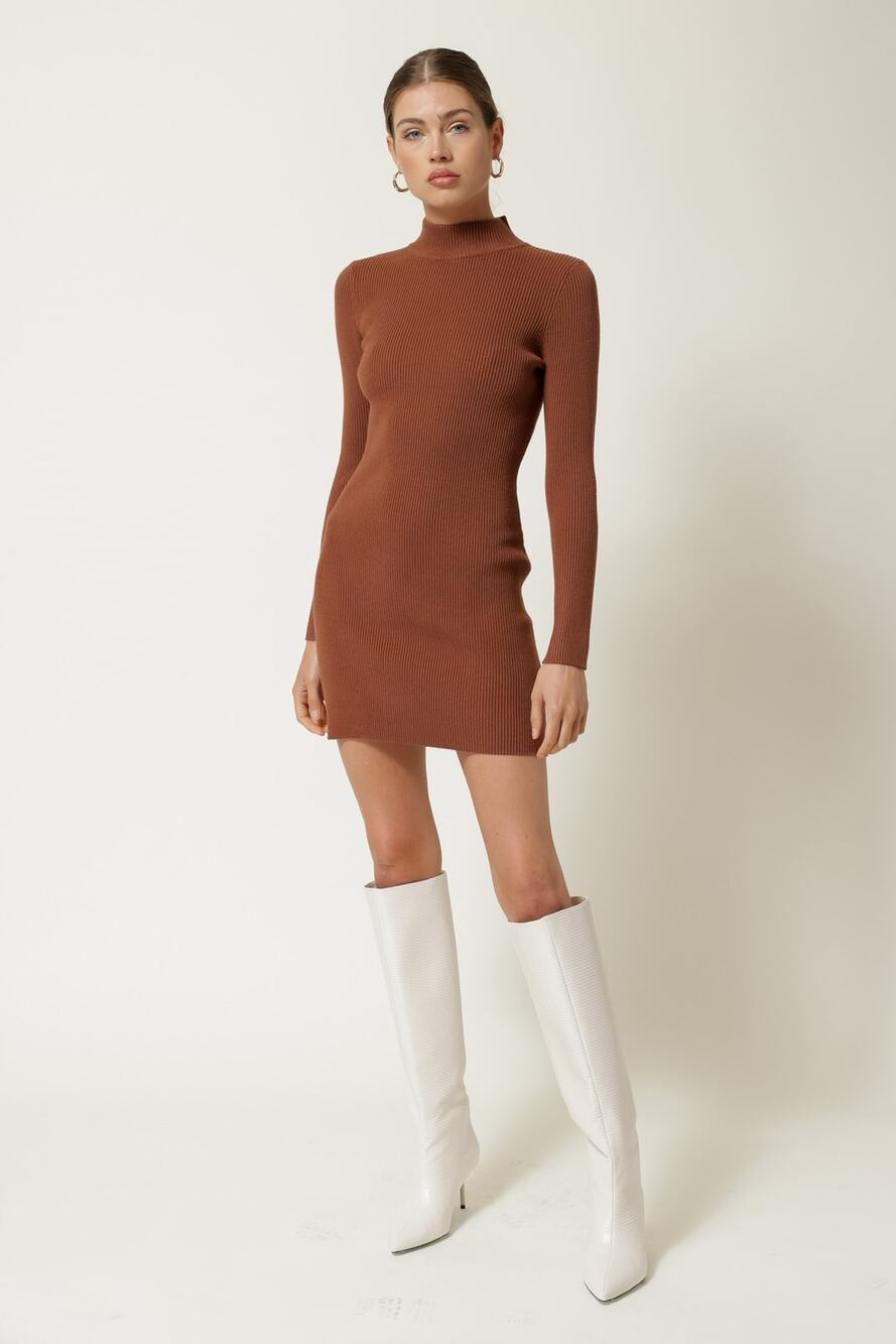 LINE & DOT Sweater Dress Small Mock Neck Long Sleeve Mini Dress Brown Neutral